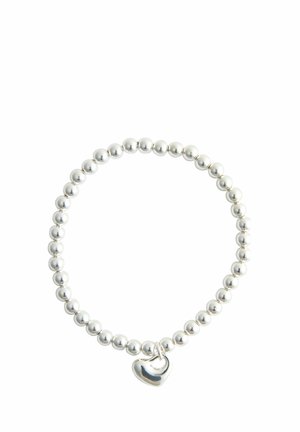 Round silver bead bracelet with a small shiny heart-shaped charm hanging from the beads.