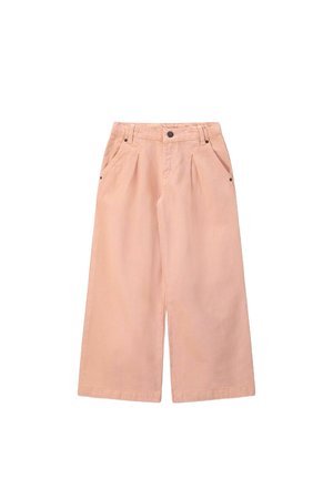 Pantalons larges rose clair en coton, avec une taille haute, des plis sur le devant, deux poches latérales et une fermeture à bouton unique.