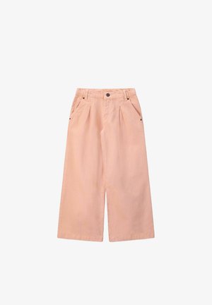 Lichtroze wijduitlopende broek van katoen, met een hoge taille, voorplooien, twee zijzakken en een enkele knoopsluiting.