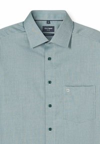 Hellsblau-grünes modernes Herrenhemd mit schmalem Schnitt, kleinem geometrischen Muster, Brusttasche und dunklen Knöpfen.