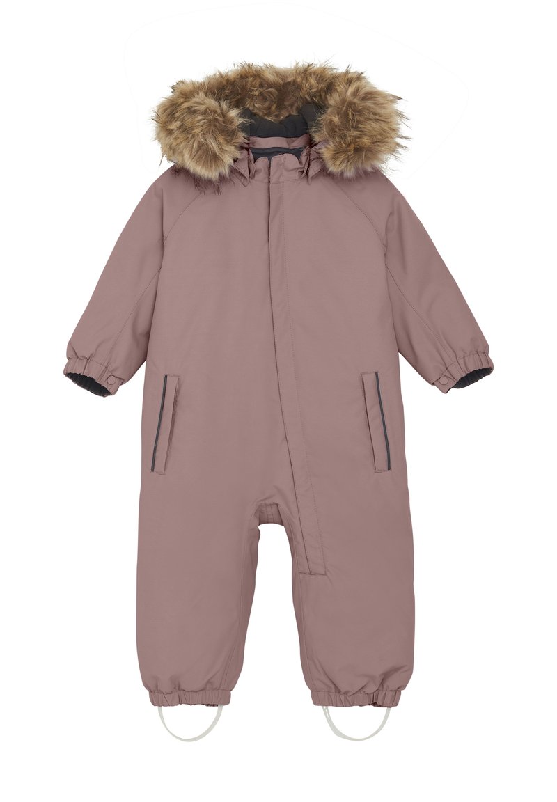 Rosa isolerad skidoverall med huva kantad i fuskpäls, elastiska ärmslut, två sidofickor och elastiska fotremmar för en säker passform.