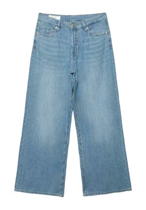 Jean large en denim bleu clair avec bouton et fermeture éclair à l'avant, poches avant et arrière, et passants de ceinture.