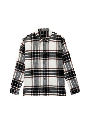 Chemise à boutons dans un motif à carreaux léger gris, noir et blanc, avec des accents marron, des manches longues et un col. Tissu doux au toucher.