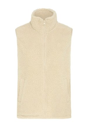 Gilet en polaire crème avec col montant et fermeture éclair à l'avant. Présente une surface texturée et des poches latérales pour plus de fonctionnalité.