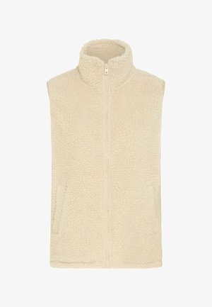 Fleece-Weste in Creme mit hohem Kragen und Frontreißverschluss. Sie verfügt über eine strukturierte Oberfläche und seitliche Taschen für Funktionalität.