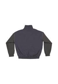 Back view of a lightweight jacket in dark gray with contrasting darker gray sleeves, elastic waistband, and stand-up collar.