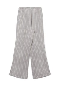 Pantaloni larghi grigio chiaro con strisce verticali bianche, dotati di una vita elastica e di un tessuto liscio e texturizzato.