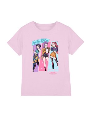 Pink cotton T-shirt featuring three stylized characters. Graphic includes text "huntr3" and "KPOP DEMON HUNTERS," with bright colors and accents.