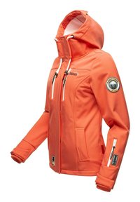 Orange softshell jacket with a high collar, adjustable hood, dual zip pockets, and logo patch on sleeve; textured surface and contrasting zippers.