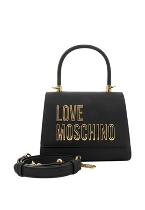 Borsa a mano in similpelle nera con forma strutturata, caratterizzata dalla scritta dorata "LOVE MOSCHINO" e da una tracolla removibile.