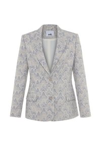 Blazer femme gris clair avec un motif discret imprimé serpent, col cranté, deux boutons à l’avant et poches à rabat.