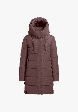 Brązowy puchowy płaszcz z dużym kapturem, sznurkami, długimi rękawami, bocznymi kieszeniami i zapięciem na zamek. Gładki, lekko błyszczący materiał.