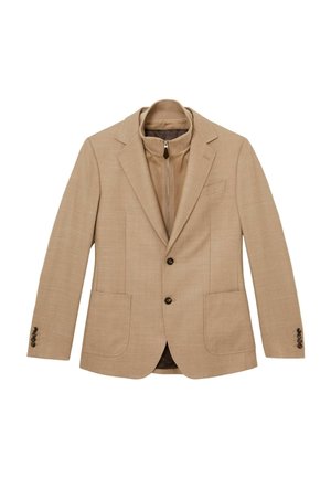 Bézs színű férfi blézer két gombbal, foltzsebekkel és egy hozzáerősített, cipzáras belső réteggel, amely melegséget és stílust biztosít.