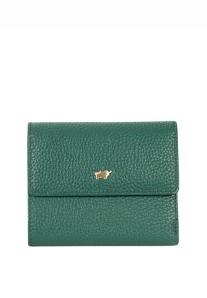 Portafoglio in pelle verde strutturata con un piccolo emblem a forma di animale dorato sulla patta frontale, chiuso e rettangolare.