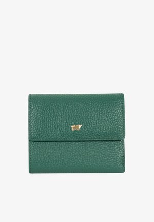 Portafoglio in pelle verde strutturata con un piccolo emblem a forma di animale dorato sulla patta frontale, chiuso e rettangolare.