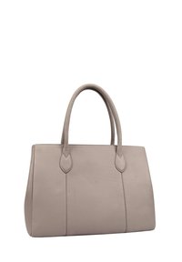 Grijze leren tote bag met twee ronde handvatten, met een gestructureerde rechthoekige vorm en subtiele stikdetails langs de zijkanten.