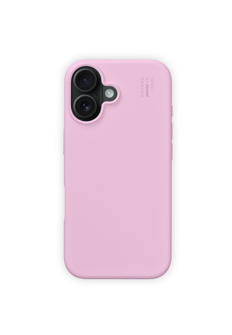 Różowy silikonowy etui na telefon o gładkiej fakturze, z wycięciami na podwójne aparaty i detalami marki. Prostokątny kształt z zaokrąglonymi krawędziami.