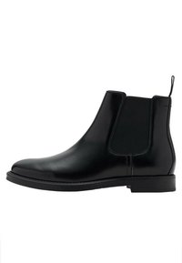 Botín Chelsea negro de cuero con un acabado liso, altura hasta el tobillo, paneles elásticos a los lados y una pestaña en la parte trasera para facilitar su uso.
