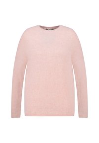 Pull en maille rose pâle avec un col rond, des manches longues et une texture lisse. Design simple, sans motifs ni accents.