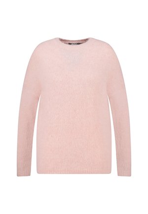 Pull en maille rose pâle avec un col rond, des manches longues et une texture lisse. Design simple, sans motifs ni accents.