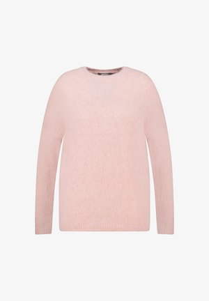 Zachte roze gebreide trui met een ronde hals, lange mouwen en een gladde textuur. Eenvoudig ontwerp, zonder patronen of accenten.