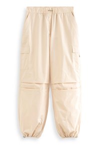 Pantalons cargo beiges avec une taille élastique et un cordon de serrage. Comprend deux poches latérales et des poignets élastiqués. Tissu lisse et léger.