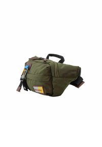 Grünes Stoffhüfttasche mit einer vorderen Reißverschlusstasche, verstellbarem schwarzen Gurt und einem Mini-Carabiner. Mit einem braunen Lederakzent und einem Logopatch.