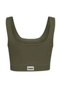 Olivgrön sport-bh med ribbad struktur, bred rundad urringning och tjocka axelband. Har en liten etikett längst ner med varumärkets namn.