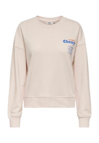 Sweat-shirt beige clair à col rond avec manches longues et petit texte "Cherry" bleu et orange imprimé sur le côté gauche de la poitrine.