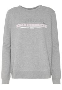 Grey sweatshirt made of soft fabric featuring long sleeves, a crew neckline, button detailing on the shoulder, and embossed text design.