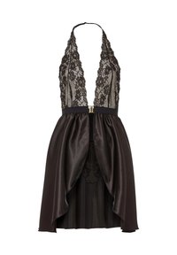 Schwarzes Kleid mit einem Spitzenoberteil, tiefem V-Ausschnitt und einem Satinrock mit fließendem Design sowie einem betonten Taillenbund.