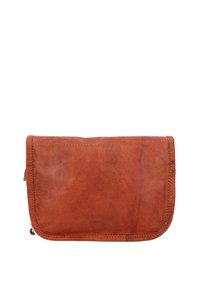 Borsa a mano in pelle marrone con texture liscia, angoli arrotondati e cuciture visibili lungo i bordi. Design compatto e minimalista.