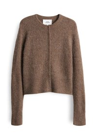 Bruine, gebreide cardigan met een ronde halslijn, lange mouwen en een knoopsluiting aan de voorkant. Zachte textuur met een subtiel patroon.