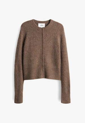 Bruine, gebreide cardigan met een ronde halslijn, lange mouwen en een knoopsluiting aan de voorkant. Zachte textuur met een subtiel patroon.
