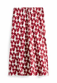 Bloemenrok met een witte achtergrond en rode bloempatronen, elastische tailleband en lichte, gestructureerde stof.