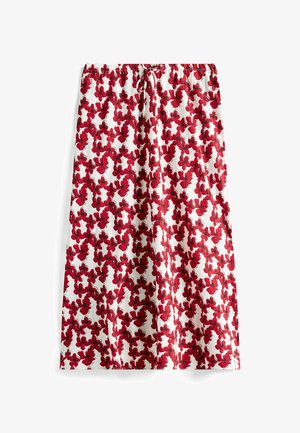 Blumiger Rock mit weißem Hintergrund und roten Blumenmustern, elastischem Bund und leichtem, strukturiertem Stoff.