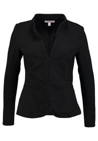 Černý blazer s přiléhavým střihem, dlouhými rukávy a tečkovaným vzorem. Má klopový límec a dvě přední kapsy.