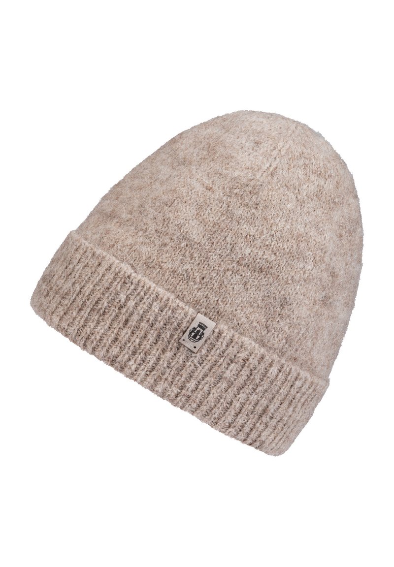 Beige knitted beanie hat with a ribbed cuff, made of soft wool blend material. Features a small logo patch on the side.