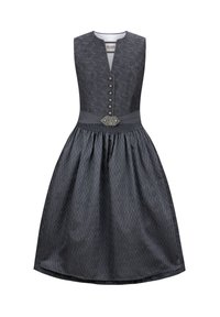 Dark gray dress with a V-neck, textured bodice, and a flared skirt. Features decorative buttons and a metallic brooch at the waist.