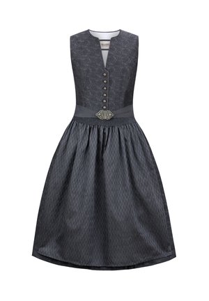 Dunkelgraues Kleid mit V-Ausschnitt, strukturiertem Oberteil und schwingendem Rock. Verziert mit dekorativen Knöpfen und einer metallischen Brosche an der Taille.