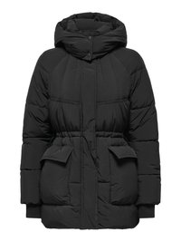 Black puffer jacket with a hood, elastic waistband, two front pockets, and ribbed cuffs. Features quilted design and button closure.