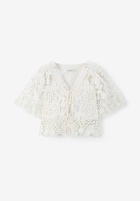 Spitzenoberteil mit tiefem V-Ausschnitt und kurzen, ausladenden Ärmeln. Verfügt über filigrane Blumenmuster, gewellten Saum und eine Frontbindeschleife. Farbe: Elfenbein.