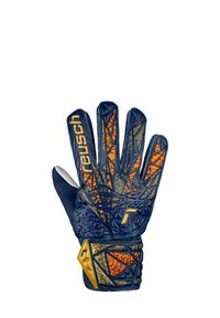 Blauer Torwart-Handschuh mit strukturiertem Grip, orangefarbenen und goldenen Akzenten, gemustertem Handflächenbereich und verstellbarem Handgelenkriemen. Verfügt über eine konturierte Passform.