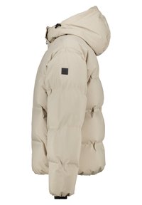 Giacca puffer beige con cappuccio staccabile, design trapuntato, polsini elasticizzati e piccola etichetta nera sul maniche.
