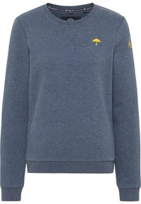 Blaues Sweatshirt mit Rundhalsausschnitt, gerippten Bündchen und Saum. Verfügt über ein kleines gelbes Regenschirm-Logo auf der Brust. Weiche Textur.