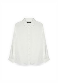 Camicia a maniche lunghe con bottoni in avorio chiaro, caratterizzata da una texture morbida e liscia e un colletto classico con maniche arrotolate.