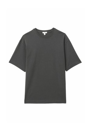 Dunkelgraues kurzärmeliges T-Shirt aus weichem Baumwollstoff mit Rundhalsausschnitt und lockerem Schnitt. Schlichtes Design ohne sichtbare Muster.