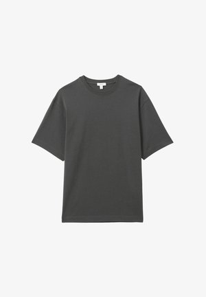 Donkergrijs T-shirt met korte mouwen, gemaakt van zacht katoen, met een ronde hals en een losse pasvorm. Eenvoudig ontwerp zonder zichtbare patronen.