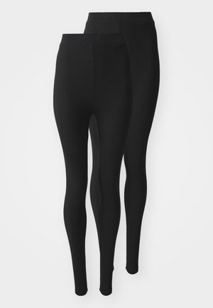Black leggings made of stretchy fabric, featuring a high waistband and form-fitting design. Two pairs are displayed, stacked vertically.