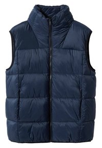 Laivastonsininen puhallettava liivi korkealla kauluksella, jossa on etuvetoketju ja suuret tikatut lohkot eristystä varten. Ei hihoja, kevyt muotoilu.